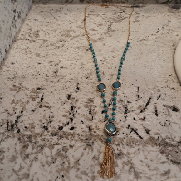 Turquoise and Gold Long Necklace - Picture 2 of 2
